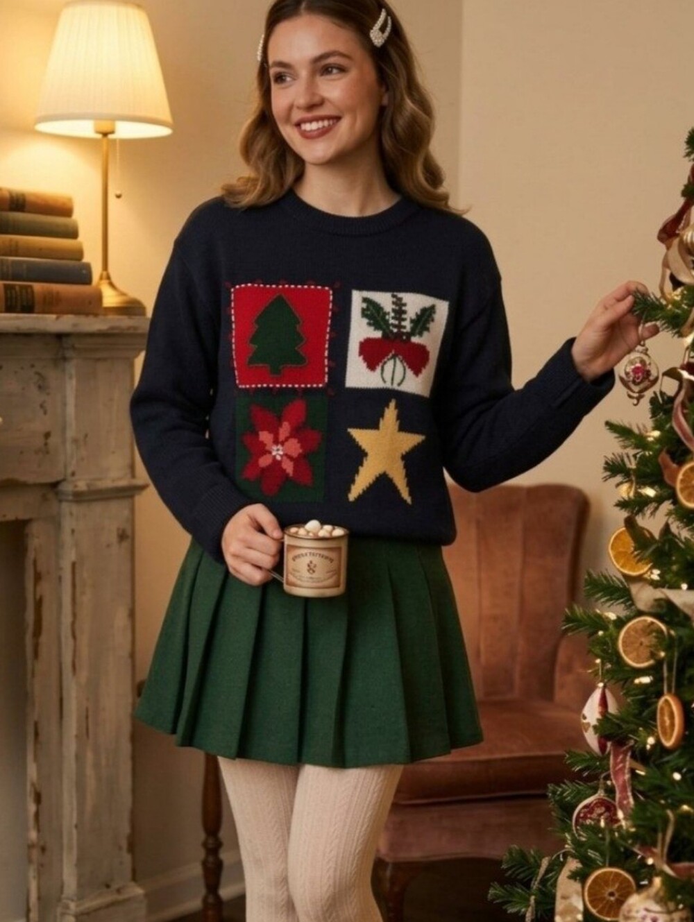 Liz Claiborne Navy Blue Cotton Christmas Sweater Block Print Twee 90s Mom Medium